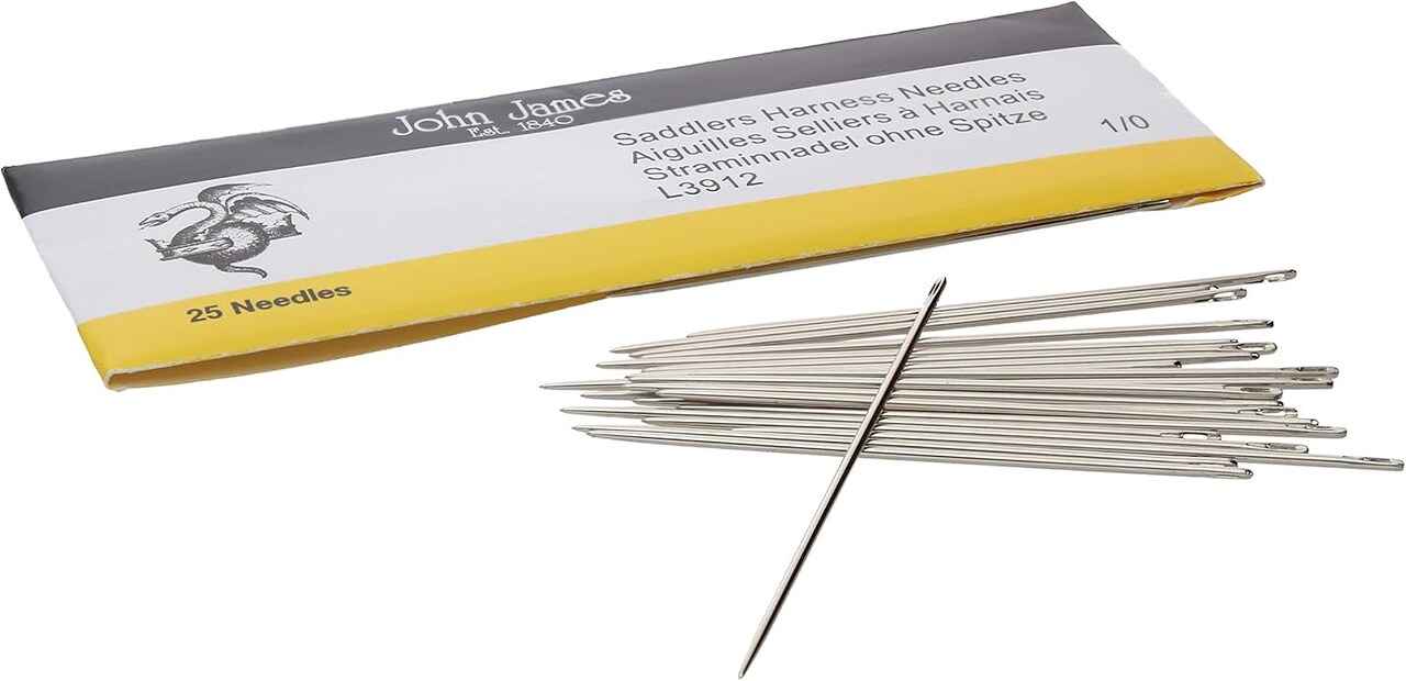 John James Saddlers Harness Needles, Size 18 1/0, 57.5mm in Length and 1.09mm in Diameter, Pack of 25, Large, Rounded Point, Use for All Hand Stitched Leather Craft Work and Harness/Saddle Repairs
